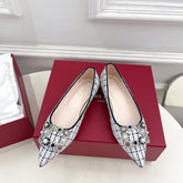 EFFLORESCENCE BALLERINAS IN WHITE TWEED WITH FINE BLACK STRIPES EMBELLISHED CRYSTALS