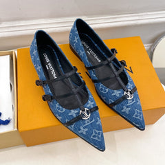 POINTED FLAT SHOES IN COBALT BLUE MONOGRAM DENIM