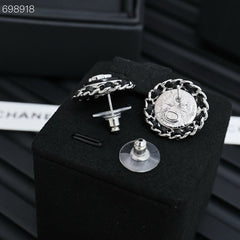 CC 25P STUD EARRINGS IN BLUE DENIM BLACK CALFSKIN-THREADED BUTTON