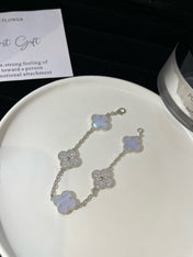 CLOVER 5 MOTIFS SILVER CHALCEDONY DIAMOND BRACELET