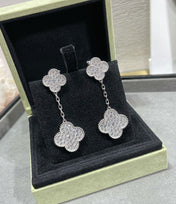 CLOVER 2 MOTIFS DIAMOND PAVED SILVER EARRINGS