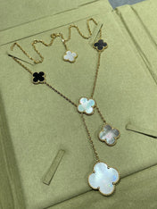 CLOVER 6 MOTIF MOP ONYX GOLD NECKLACE