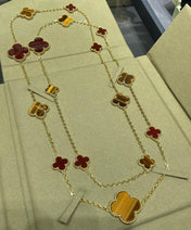 CLOVER 16 MOTIF CARNELIAN TIGER EYE PINK GOLD NECKLACE