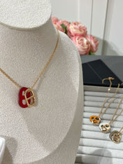 CHAINE LEATHER TAG PINK GOLD NECKLACE