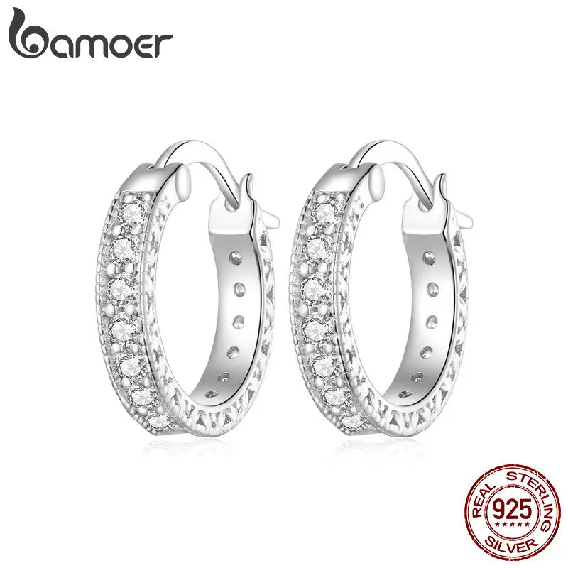 Bamoer 925 Sterling Silver Luxury Zircon Ear Buckles Simple Round Hoop Earrings for Women Party Fine Jewelry Gift BSE868