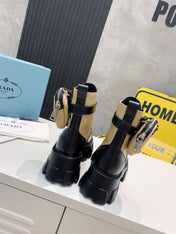 PRADA 25S MONOLITH BRUSHED AND RE NYLON BOOTS WITH POUCH BLACK AND MUTED OLIVE