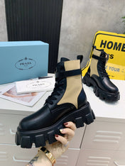 PRADA 25S MONOLITH BRUSHED AND RE NYLON BOOTS WITH POUCH BLACK AND MUTED OLIVE