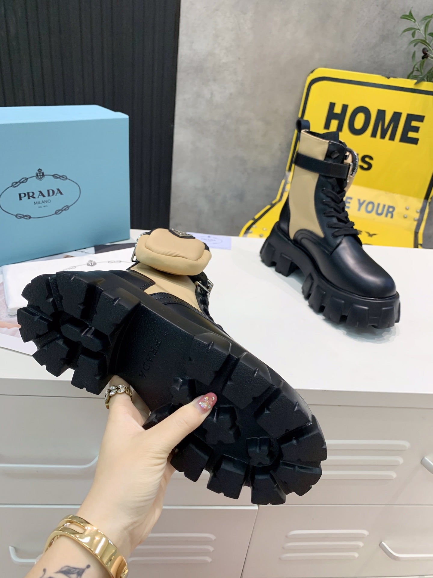 PRADA 25S MONOLITH BRUSHED AND RE NYLON BOOTS WITH POUCH BLACK AND MUTED OLIVE