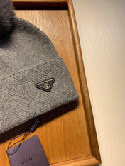 BEANIE HAT IN DOVE GRAY WOOL AND RABBIT FUR 361434