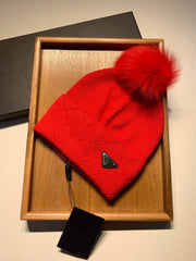 BEANIE HAT IN CHERRY RED WOOL AND RABBIT FUR 361436