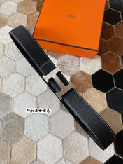 HM CONSTANCE BELT BUCKLE & REVERSIBLE BLACK LEATHER STRAP 38MM SILVER HARDWARE