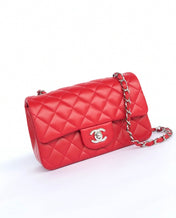 MINI RECTANGLE FLAP BAG 20CM RED LAMBSKIN SILVER HARDWARE