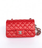 MINI RECTANGLE FLAP BAG 20CM RED LAMBSKIN SILVER HARDWARE