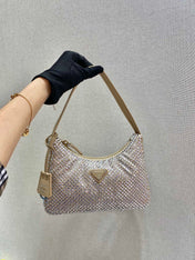SPARKLING HOBO BAG 23 IN BEIGE NYLON ATTACHED FULLY CRYSTALS