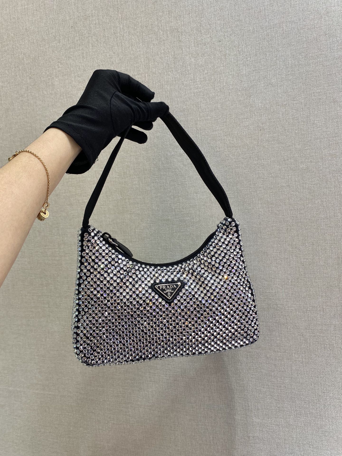 SPARKLING HOBO BAG 23 IN BLACK NYLON ATTACHED FULLY CRYSTALS