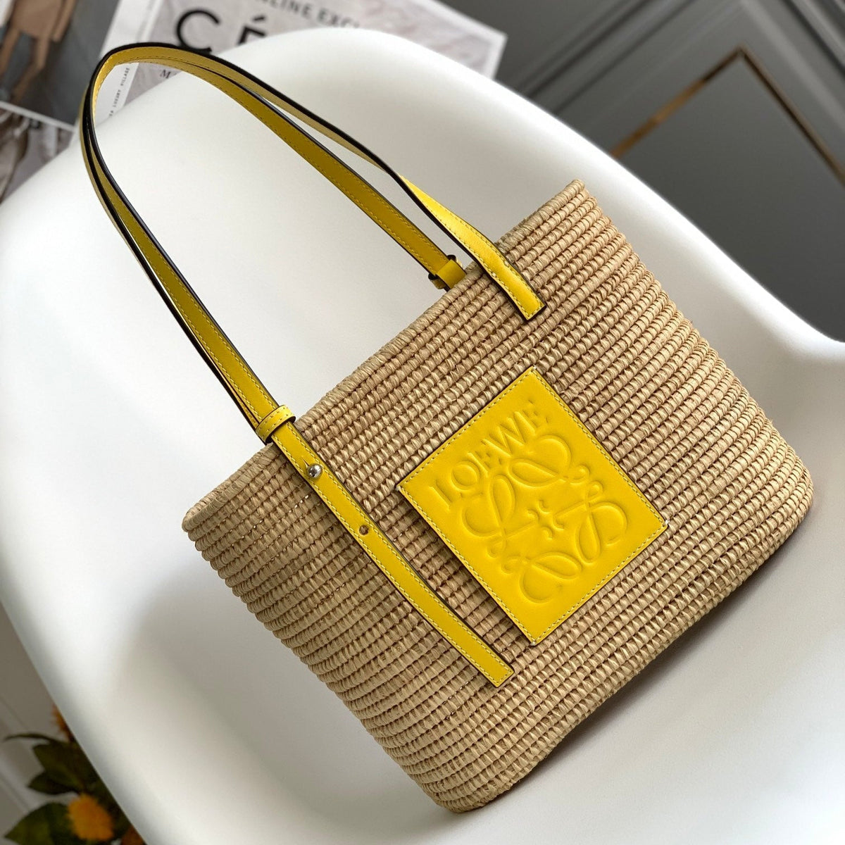 LOEWE 25S BASKET BAG 30 IN NATURAL MIX YELLOW RAFFIA CALFSKIN SHOULDER STRAP