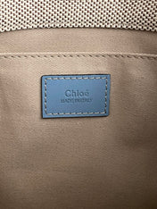 MEDIUM STRAP WOODY TOTE BAG 37 IN BEIGE LINEN CANVAS BLACK WEBBING LOGO EMBROIDER BLUE CALFSKIN