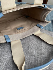MEDIUM STRAP WOODY TOTE BAG 37 IN BEIGE LINEN CANVAS BLACK WEBBING LOGO EMBROIDER BLUE CALFSKIN