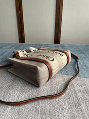 SMALL STRAP WOODY TOTE BAG 26.5 IN BEIGE LINEN CANVAS BLACK WEBBING LOGO EMBROIDER BROWN CALFSKIN