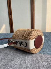 SMALL WOODY BASKET 17 IN NATURAL FIBERS BEIGE WEBBING DARK BROWN CALFSKIN