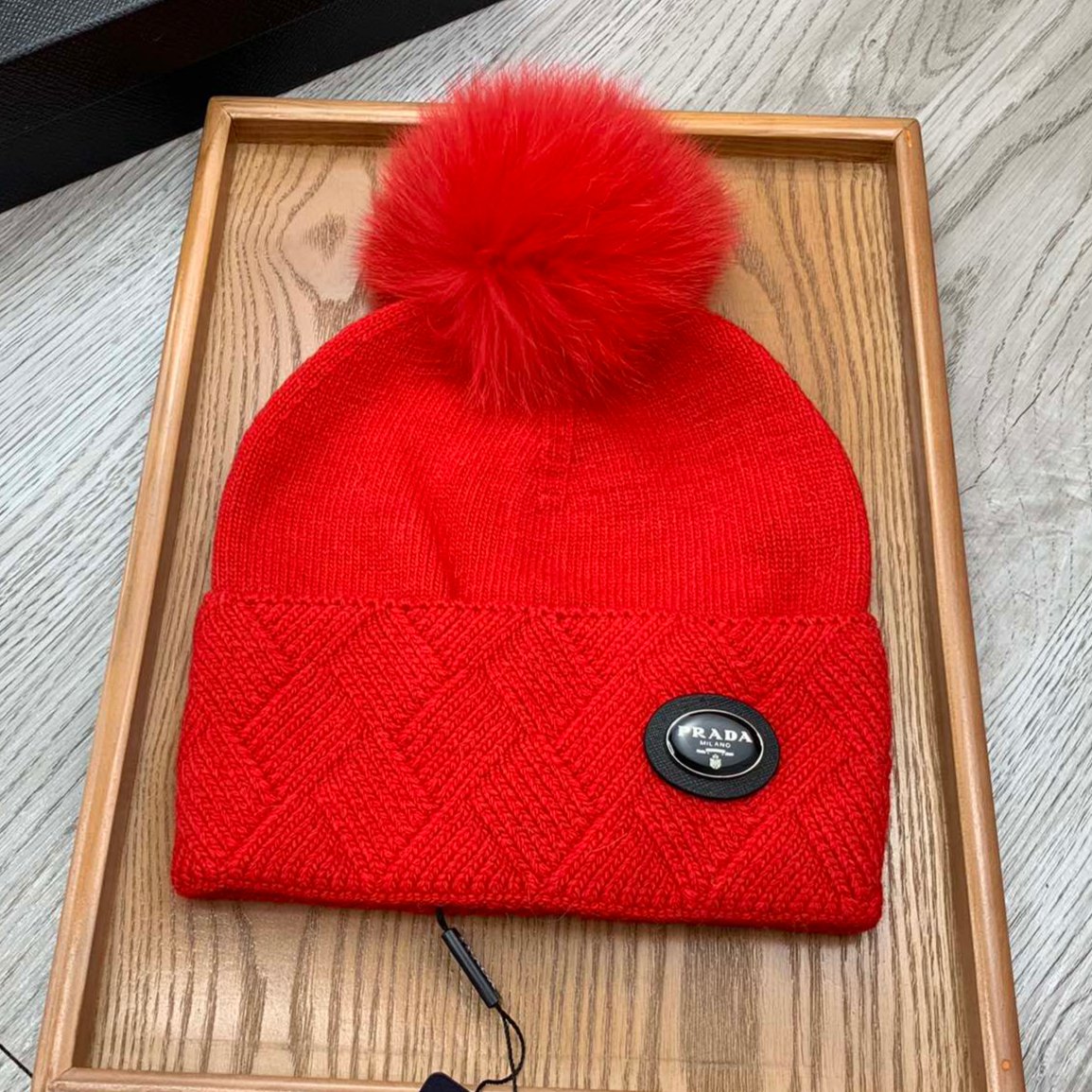 BEANIE HAT IN CHERRY RED WOOL AND RABBIT FUR 346718