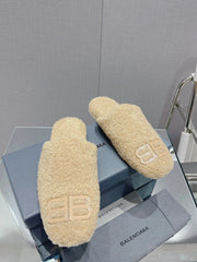 BALENCIAGA 25S MULES IN BEIGE WOOL WITH LOGO
