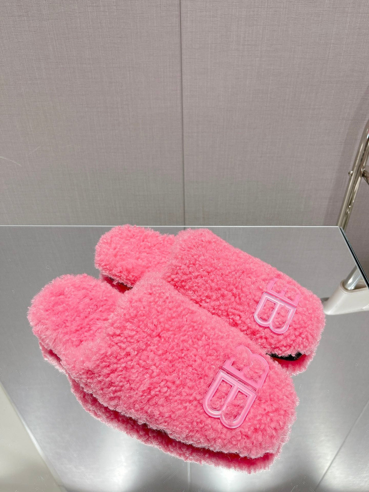 BALENCIAGA 25S MULES IN PINK WOOL WITH LOGO