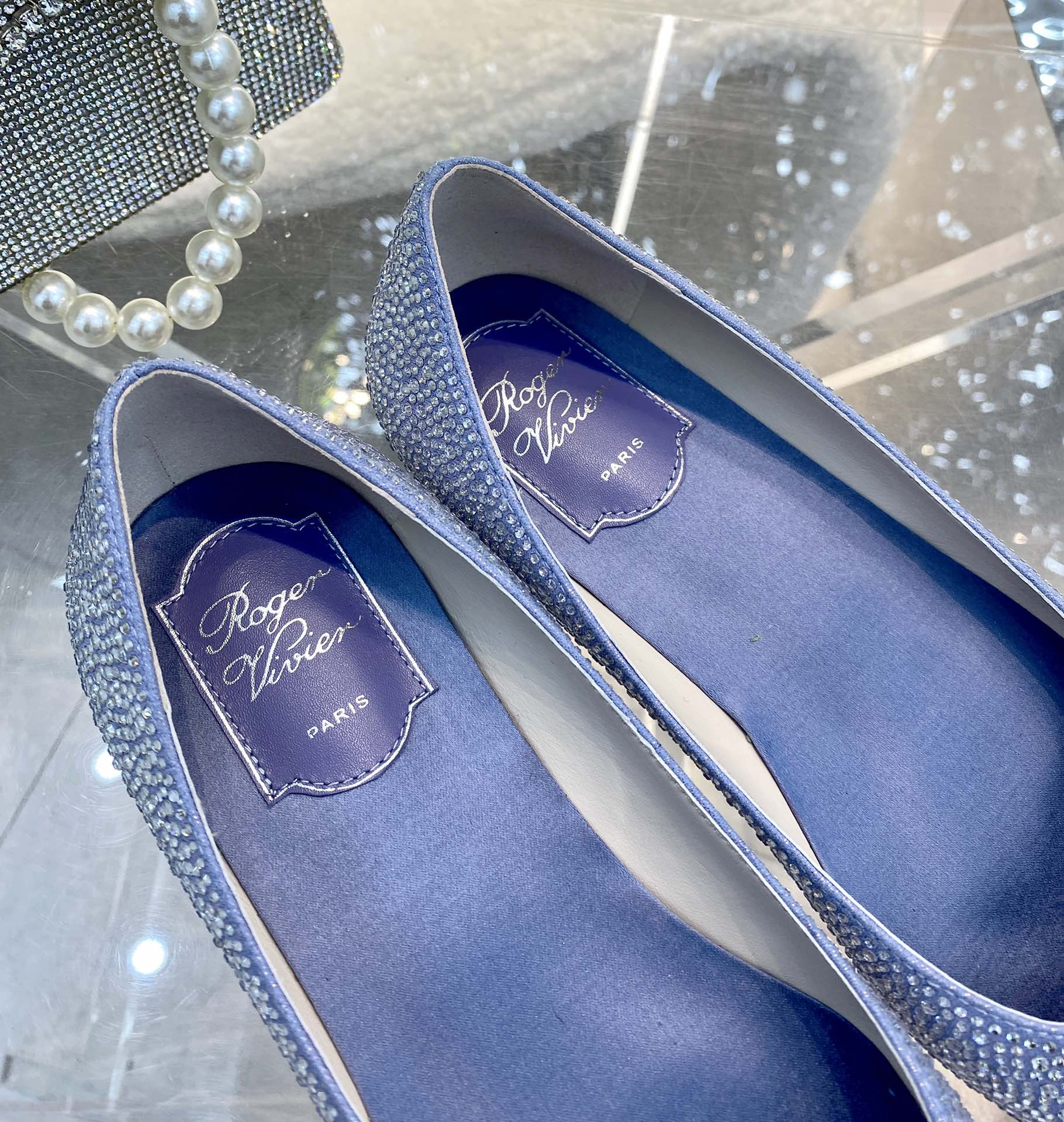EFFLORESCENCE BALLERINAS IN BLUE CALFSKIN WITH FULLY EMBELLISHED CRYSTALS