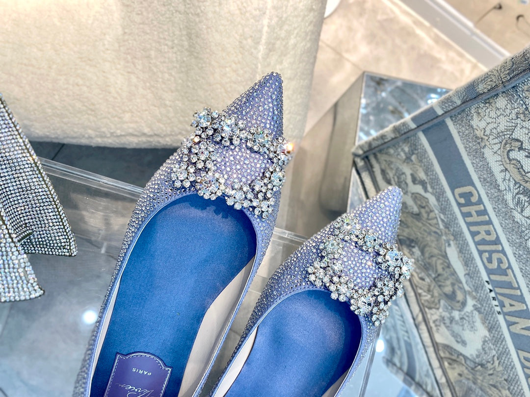 EFFLORESCENCE BALLERINAS IN BLUE CALFSKIN WITH FULLY EMBELLISHED CRYSTALS