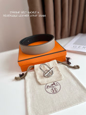 HM ITHAQUE BELT SILVER BUCKLE & REVERSIBLE CAMEL BROWN AND BLACK LEATHER STRAP 38MM