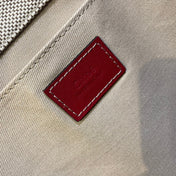 LAGRE WOODY TOTE BAG 45 IN BEIGE LINEN CANVAS BLACK WEBBING LOGO EMBROIDER RED CALFSKIN