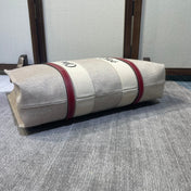 LAGRE WOODY TOTE BAG 45 IN BEIGE LINEN CANVAS BLACK WEBBING LOGO EMBROIDER RED CALFSKIN