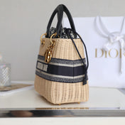 LADY 24 BASKET BAG IN BLACK OBLIQUE JACQUARD MIX BEIGE WICKER