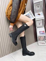 LACE-UP KNEE BOOTS IN BLACK DENIM AND SHEEPSKIN LINING