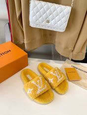 LV WOMEN'S PASEO FLAT SLIPPER IN YELLOW FLEECE WITH WHITE LOGO