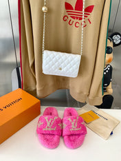 LV WOMEN'S PASEO FLAT SLIPPER IN BRIGHT PINK FLEECE WITH TAN BROWN LOGO