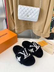 LV WOMEN'S PASEO FLAT SLIPPER IN BLACK FLEECE WITH WHITE LOGO