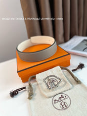 BOUCLE BELT BUCKLE & REVERSIBLE KHAKI BROWN AND WHITE LEATHER STRAP 38MM SILVER HARDWARE