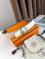 BOUCLE BELT BUCKLE & REVERSIBLE KHAKI BROWN AND WHITE LEATHER STRAP 38MM SILVER HARDWARE