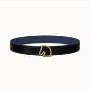 BOUCLE BELT BUCKLE & REVERSIBLE NAVY BLUE AND BLACK AND WHITE LEATHER STRAP 38MM GOLD HARDWARE