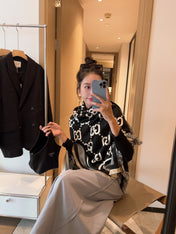 SQUARE SCARF 140 CM IN BLACK MIX WHITE SILK CASHMERE  401511