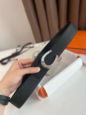 LUCK BELT BUCKLE & REVERSIBLE BLACK LEATHER STRAP 38MM SILVER HARDWARE