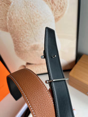 HM ROYAL BELT BUCKLE & REVERSIBLE NOIR AND CIDER ORANGE LEATHER STRAP 32 MM SILVER HARDWARE