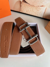 HM ROYAL BELT BUCKLE & REVERSIBLE NOIR AND CIDER ORANGE LEATHER STRAP 32 MM SILVER HARDWARE