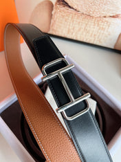HM ROYAL BELT BUCKLE & REVERSIBLE NOIR AND CIDER ORANGE LEATHER STRAP 32 MM SILVER HARDWARE