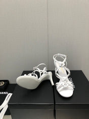 FLORAL HIGH HEEL SANDAL IN WHITE LAMBSKIN