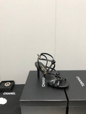 FLORAL HIGH HEEL SANDAL IN BLACK LAMBSKIN