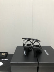 FLORAL HIGH HEEL SANDAL IN BLACK LAMBSKIN