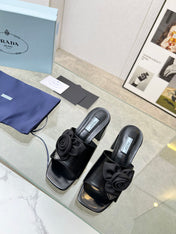 PRA FLOWER BLOCK HEELS 75 BLACK CALFSKIN