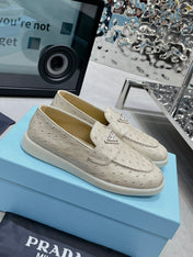 PRA OSTRICH PATTERN LOAFERS CREAMY WHITE CALFSKIN